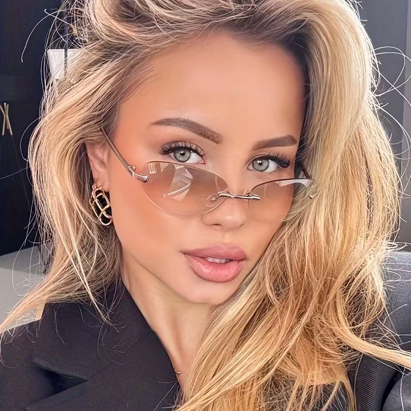 Rimless Oval Sunglasses Women  - Metal Photo Panel บทวิจารณ์และราคา